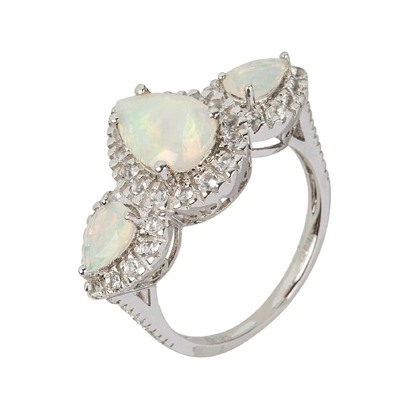 Women’s nature-inspired rings-Sterling Silver Ethiopian Opal & White Topaz 3-Stone Halo Ring