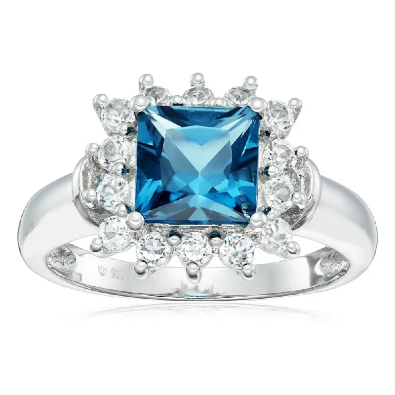 Women’s thick bands rings-Sterling Silver London Blue Topaz & White Topaz Classic Princess Di Ring