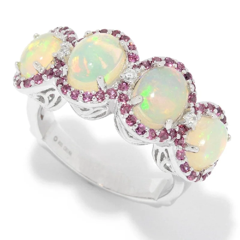 Women’s stackable rings-Sterling Silver Ethiopian Opal, Rhodolite & White Zircon Halo Ring