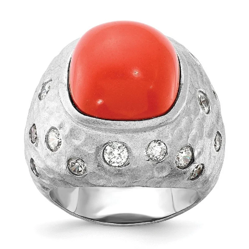 Women’s nature-inspired rings-Curata 925 Sterling Silver Satin Red Simulated Coral and Cubic Zirconia Ring