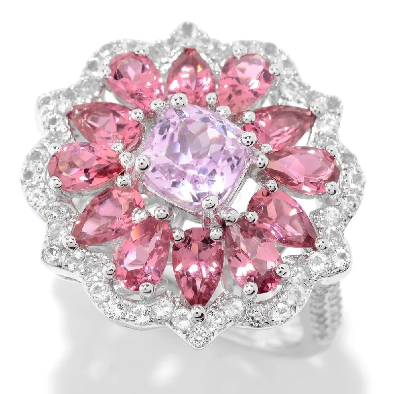 Women’s gold wedding rings-Sterling Silver Kunzite, White Topaz, and Toumaline Flower Ring