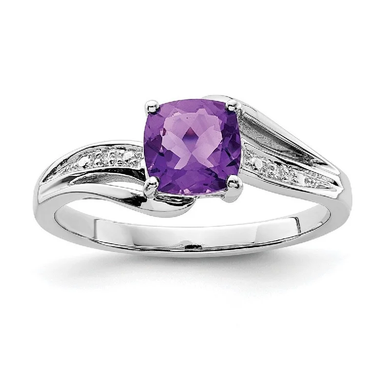 Women’s round cut rings-Curata 925 Sterling Silver Polished Prong set Open back Rhodium Plated Diamond and Amethyst Square Ring