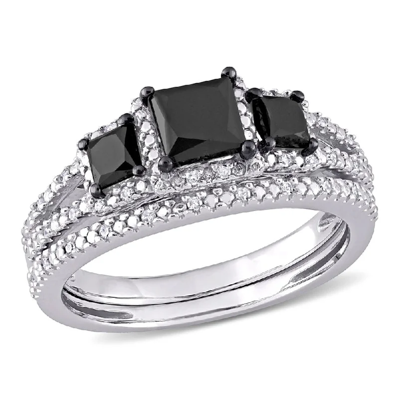 Women’s wedding sets with rings-Miadora 10k White Gold 1 5/8ct TDW Princess-cut Black and White Diamond 3-Stone Bridal Ring Set