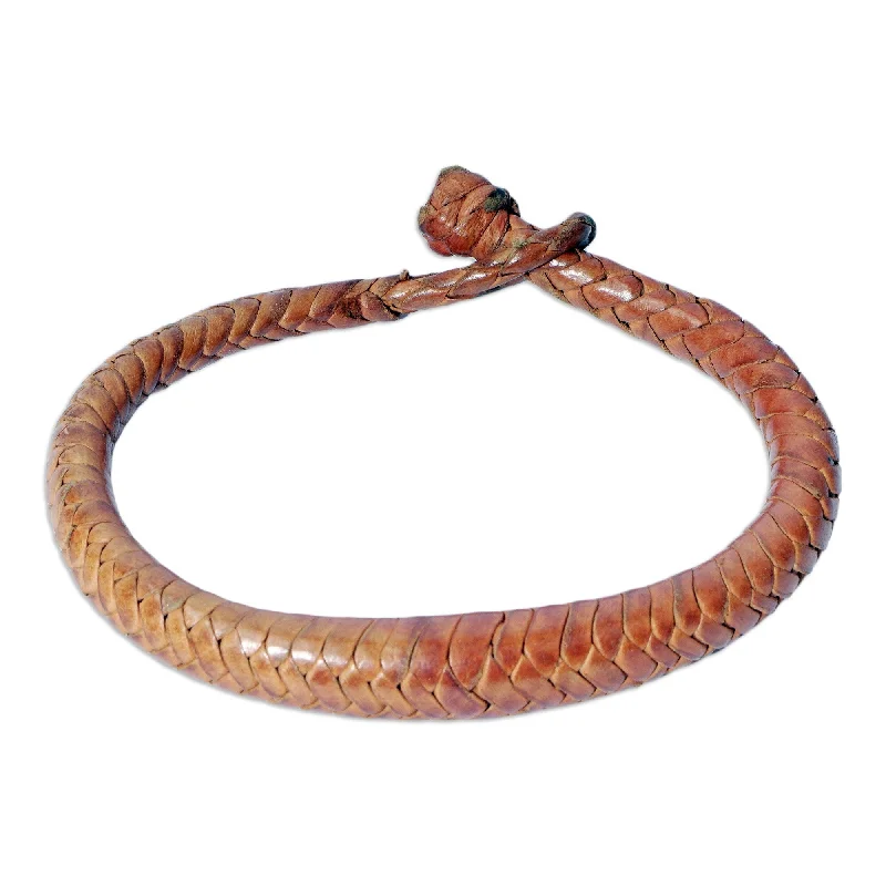 Women’s gold bangles-Novica Handmade Orange Grace Braided Leather Bracelet