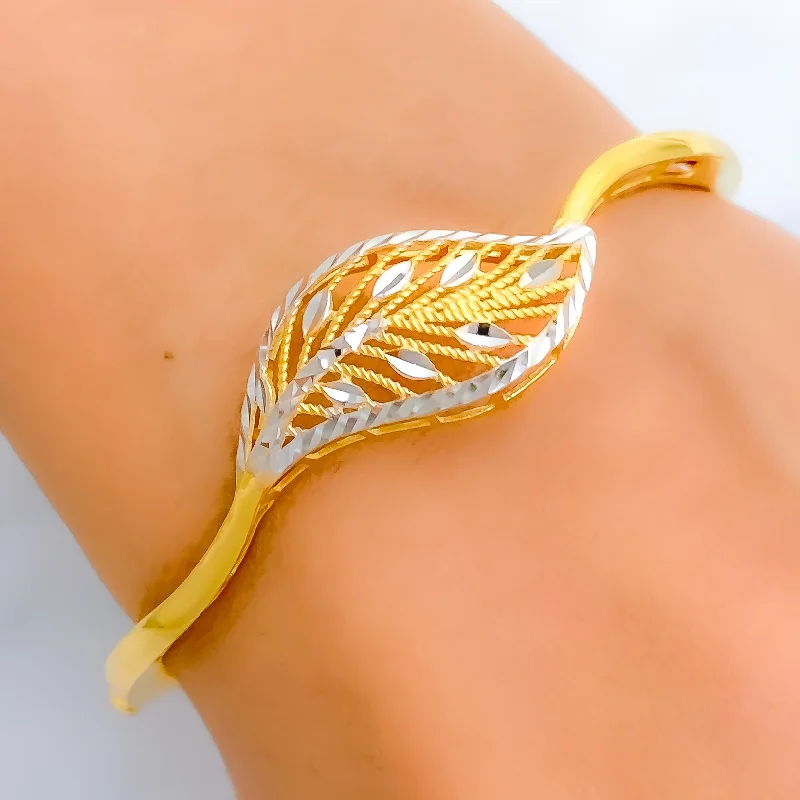 Women’s personalized bangles-Two-Tone Curved Leaf 22k Gold Bangle Bracelet