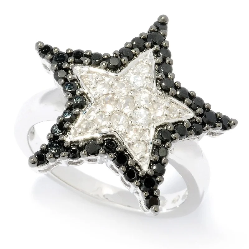 Women’s vintage diamond rings-Platinum O/ Silver 1.12Ctw White Natural Zircon & Black Spinel Star Ring Size - 6