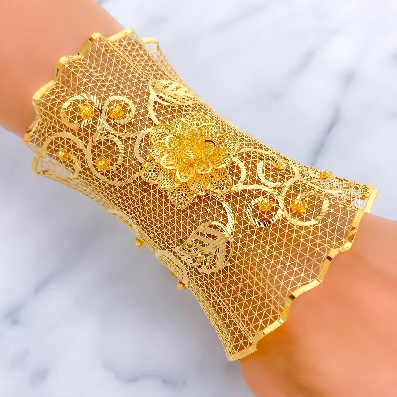 Women’s custom bracelets-Decadent Netted Floral Vine 21K Gold Bangle Bracelet