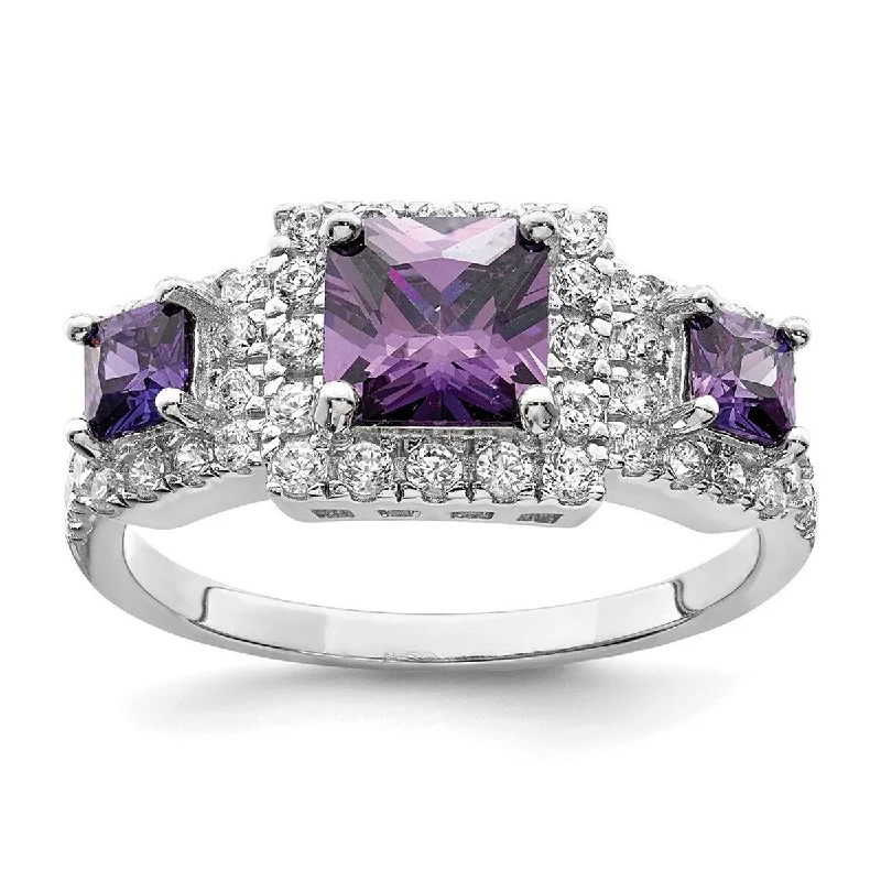 Women’s vintage engagement rings-Curata 925 Sterling Silver Polished Open back Purple Square CZ Cubic Zirconia Simulated Diamond Ring