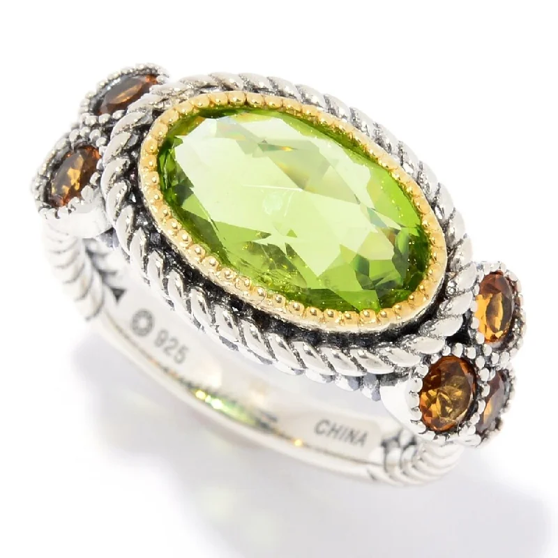 Women’s birthstone rings for birthday-Sterling Silver 3.55ctw Oval Peridot & Citrine Rope Detailed Ring