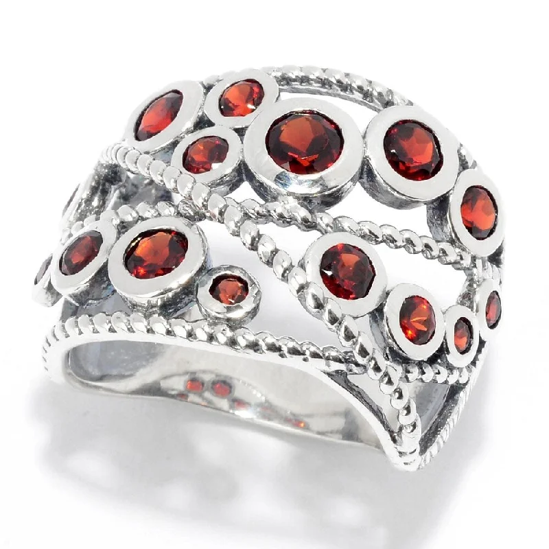 Women’s birthstone rings-Sterling Silver Round Red Garnet Beaded Wide Band Ring