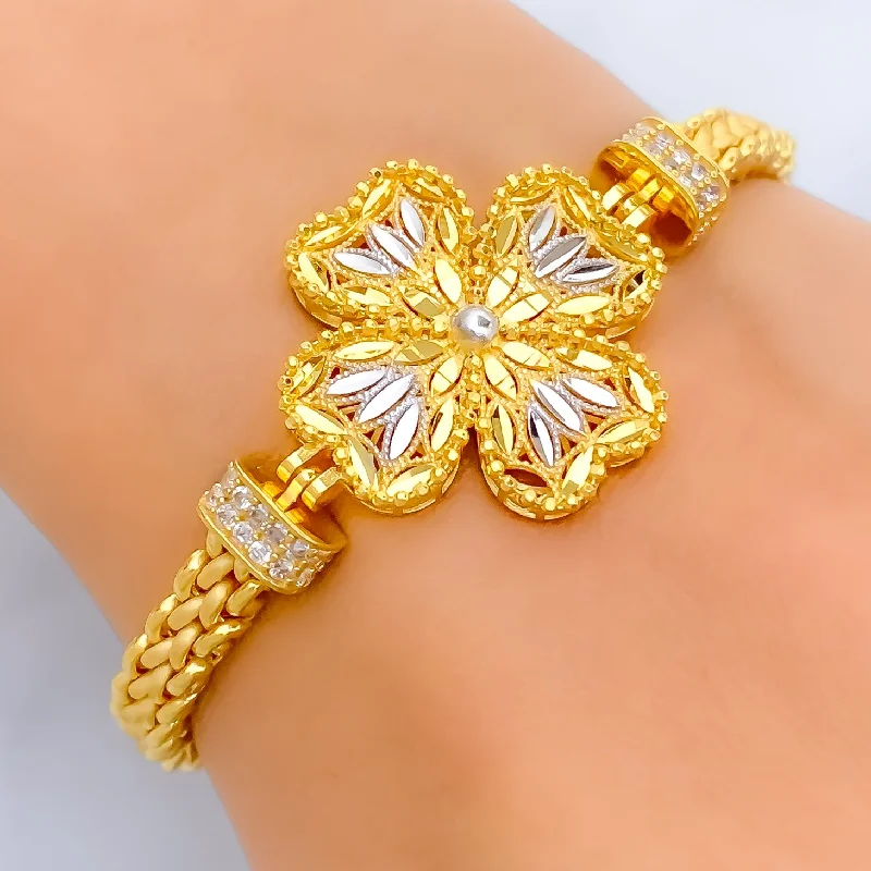 Women’s nature-inspired bangles-Bold Flower 21k Gold CZ Bracelet