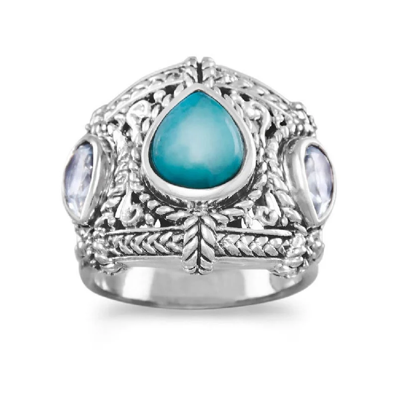 Women’s classic wedding rings-Curata 925 Sterling Silver Blue Topaz and Simulated Turquoise Ring Ornate Oxidized