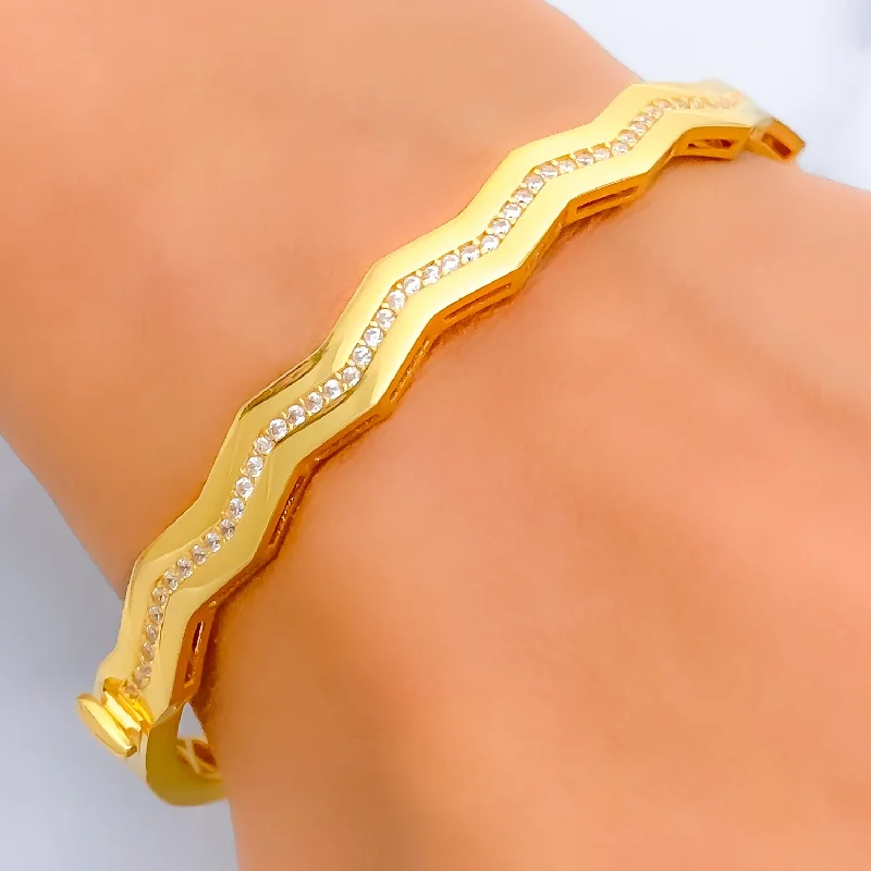 Women’s adjustable charm bracelets-Ethereal Wavy 21k Gold CZ Bangle Bracelet