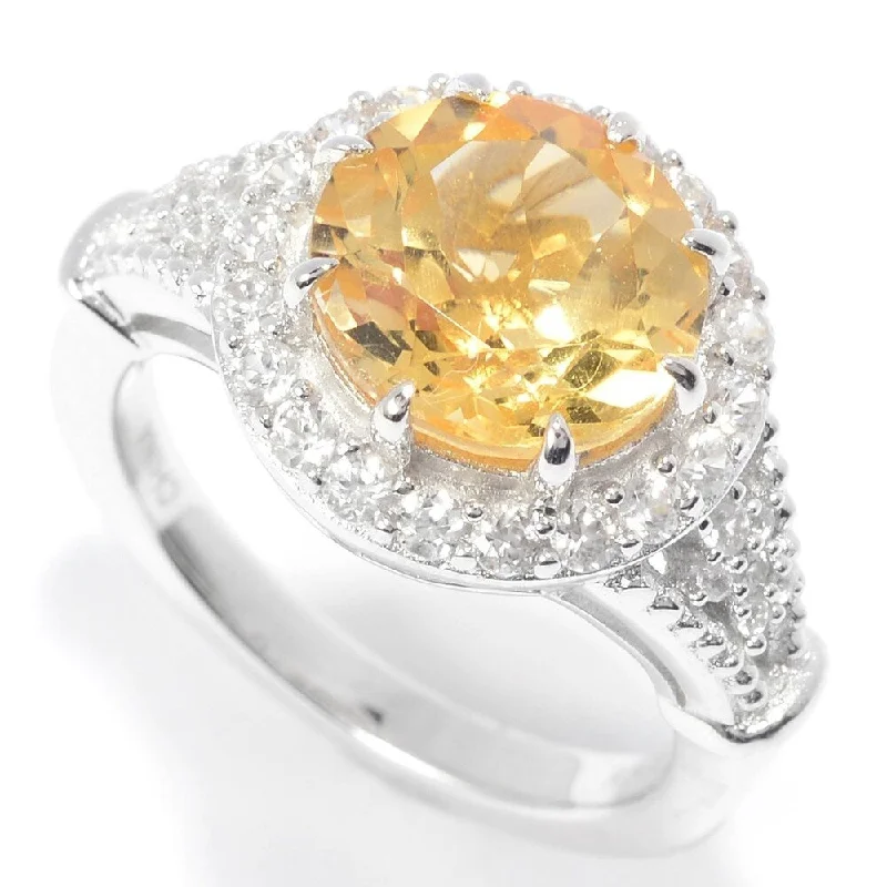 Women’s thick bands rings-Sterling Silver 10mm Round Citrine & White Zircon Halo Ring