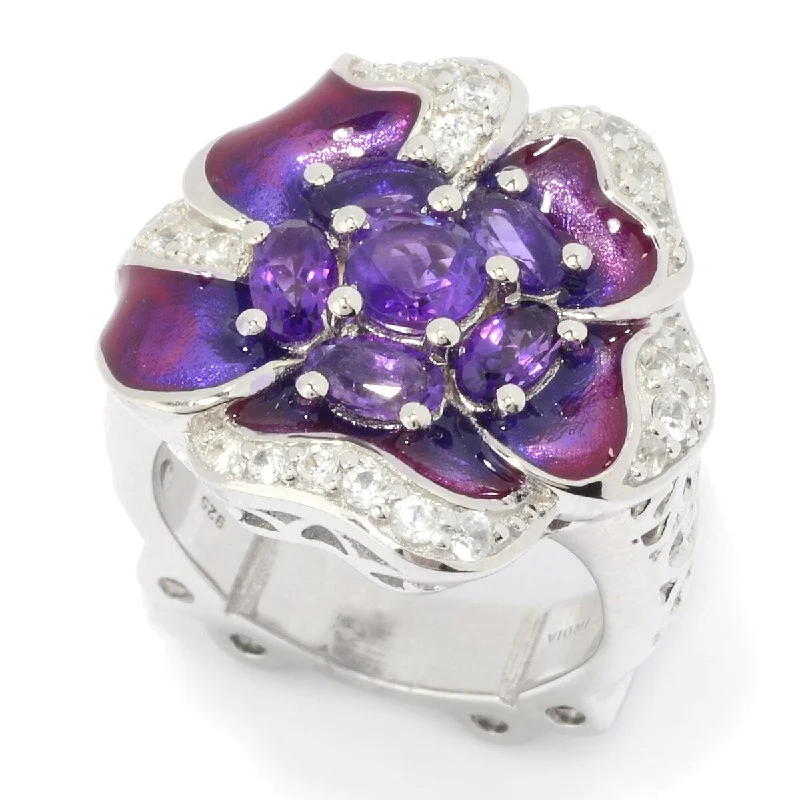 Women’s vintage-inspired rings-Dallas Prince Sterling Silver Gemstone & White Zircon Enamel Flower Ring.