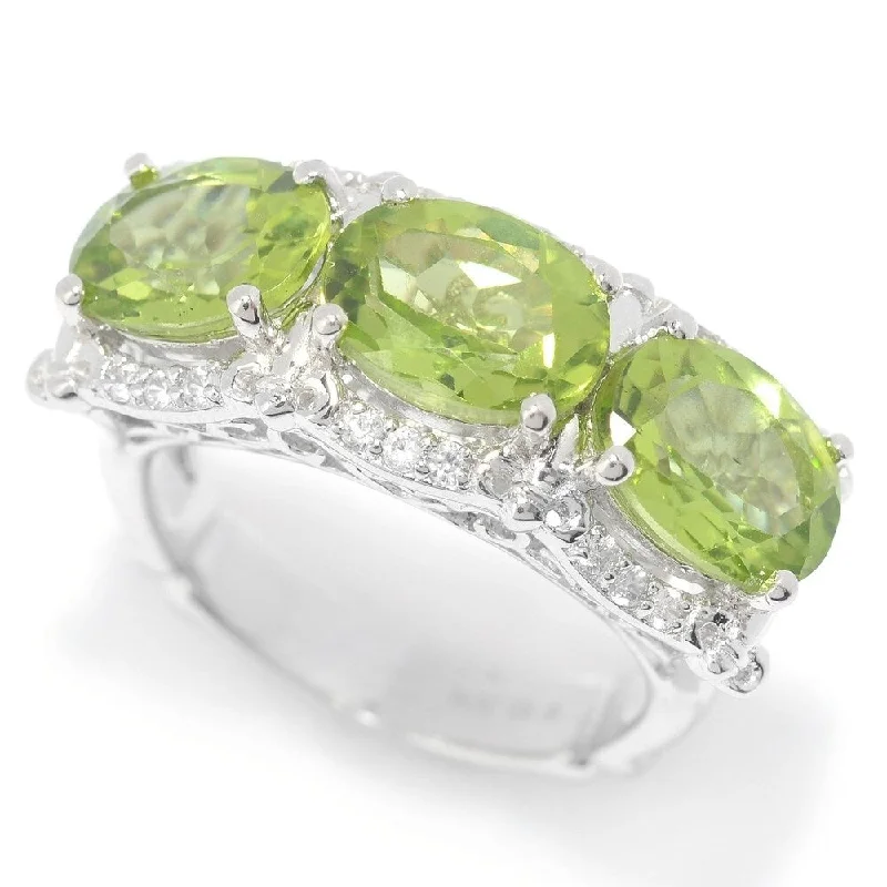 Women’s engraved wedding rings-Sterling Silver Oval Peridot & White Zircon East-West Ring