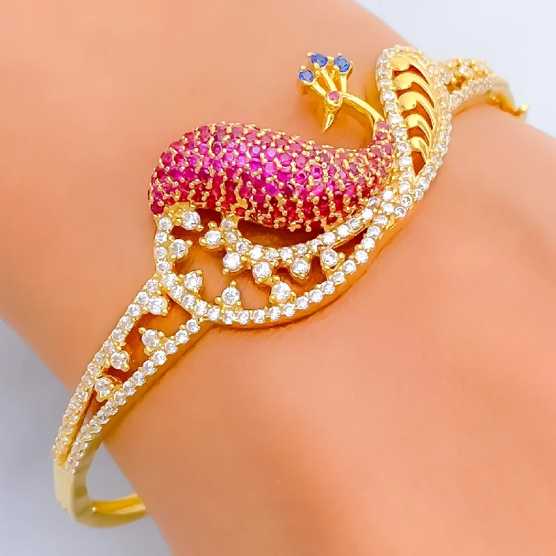 Women’s silver bracelets-Captivating Peacock 22k Gold CZ Bangle Bracelet