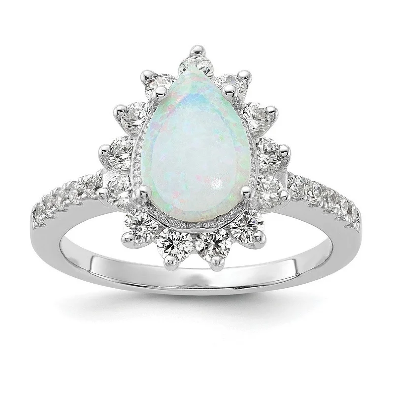 Women’s gold engagement rings-Curata 925 Sterling Silver Cubic Zirconia Simulated Opal Pear Shaped Ring