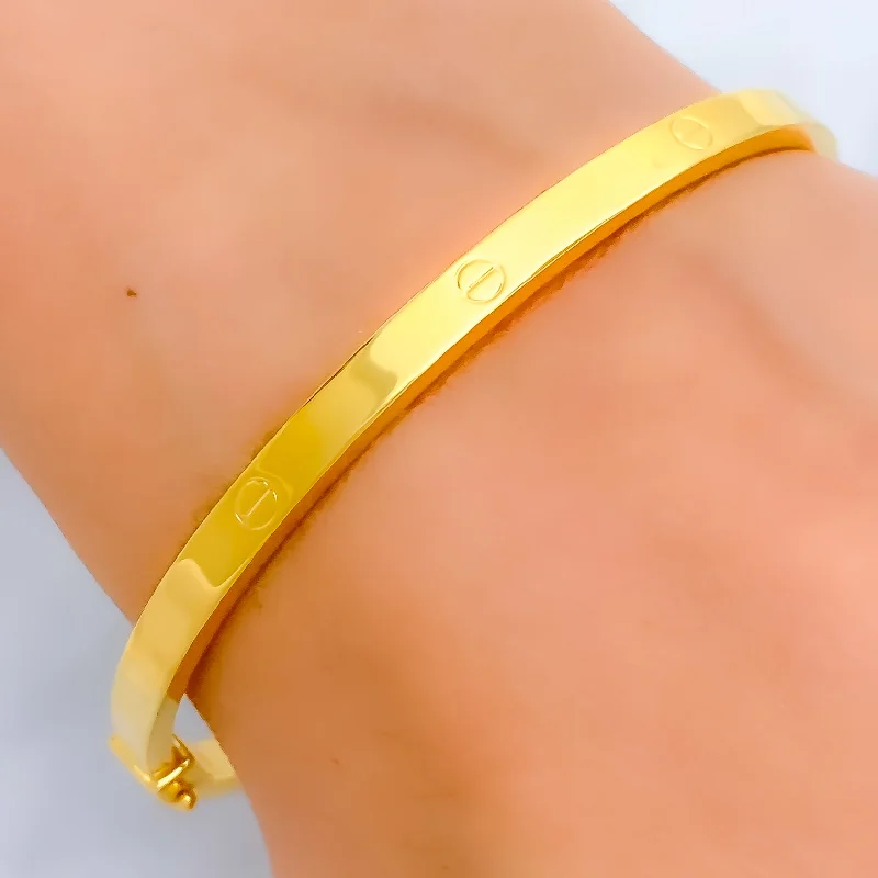 Women’s personalized bracelets-Sleek Hollow 21K Gold Screw Face Bangle