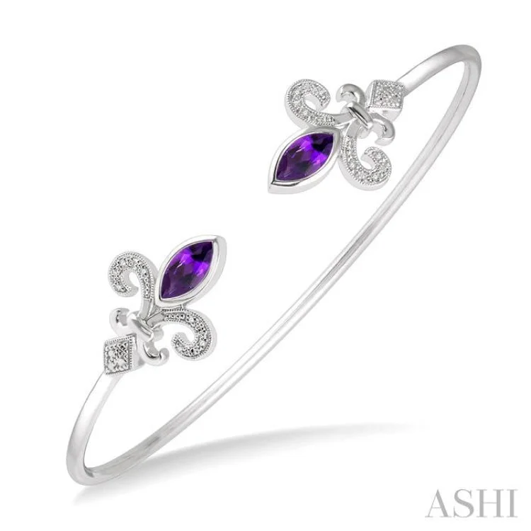 Women’s sterling silver bracelets-1/20 ctw Marquise Shape 8x4mm Amethyst & Round Cut Diamond Fleur De Lis Flexi Bangle in Sterling Silver