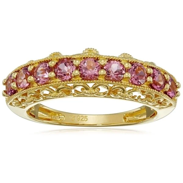 Women’s minimalist rings-Yellow Gold-Plated Silver Pink Tourmaline Band Ring