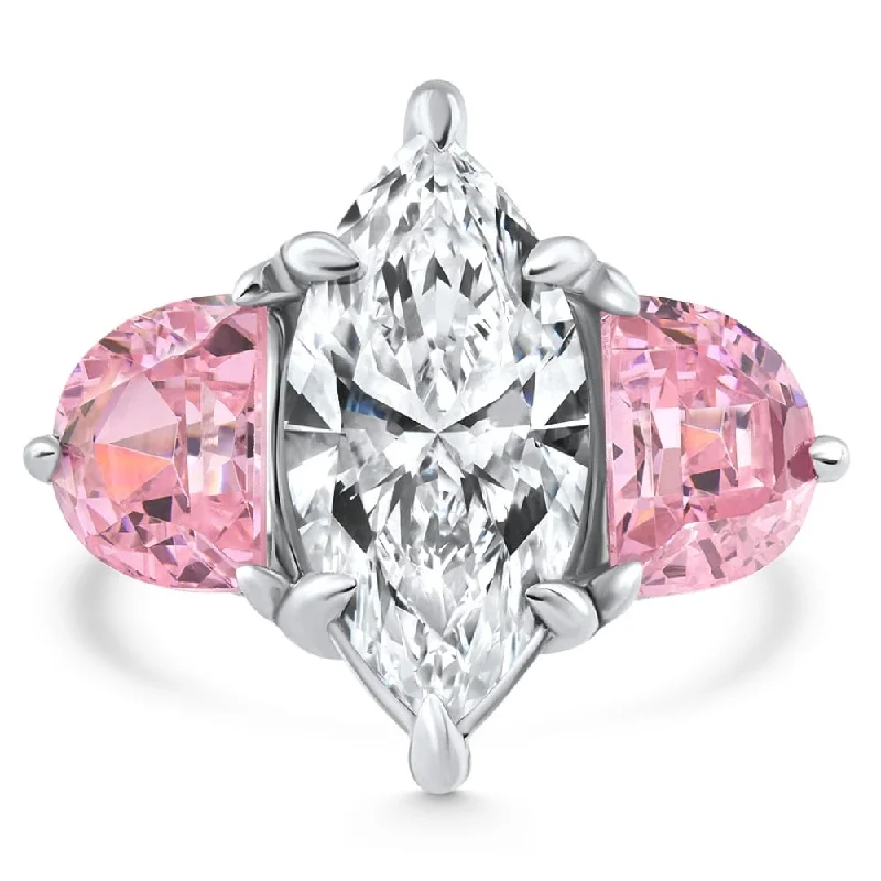 Women’s colorful gemstone rings-Certified 15.05Ct Marquise Diamond & Pink Topaz 3 Stone Ring Gold Lab Grown