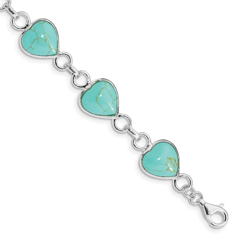 Women’s engraved charm bracelets-Curata 925 Sterling Silver Polished Open back Fancy Lobster Closure Love Heart shaped Created Simulated Turquoise Bracelet 7