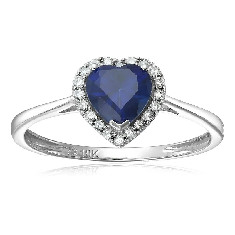 Women’s diamond rings for engagement-10k White Gold Created Blue Sapphire & Di Solitaire Heart Halo Ring