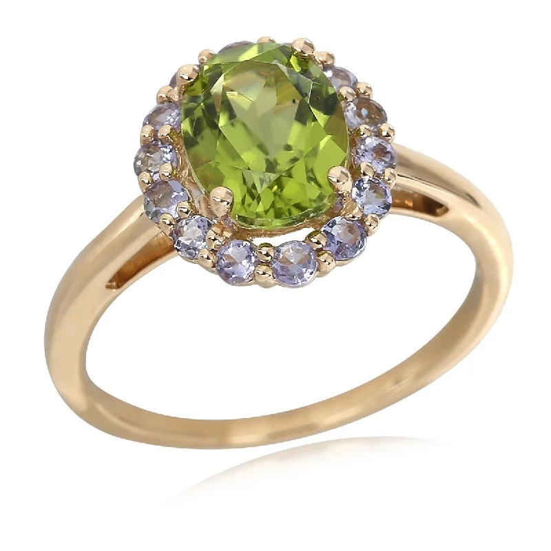 Women’s men’s rings for women-14Kt Yellow Gold Peridot and Tanzanite Gemstone Halo Ring