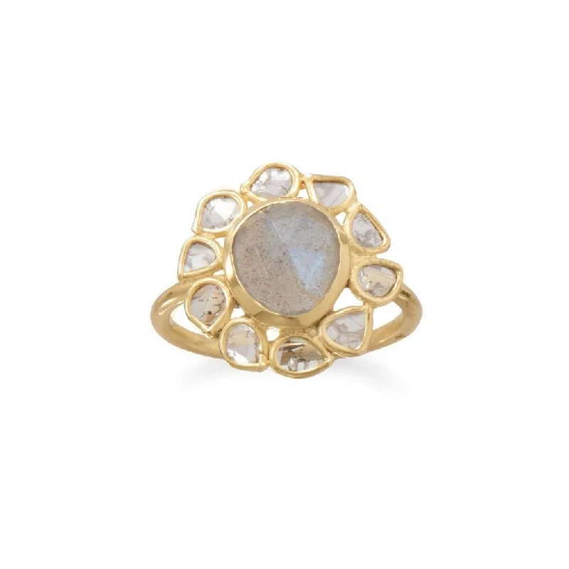 Women’s gemstone rings-Curata 14k Gld Plated 925 Sterling Silver Polki Diamond and Labradorite Ring an 8mm X 9mm Freeform at Center F