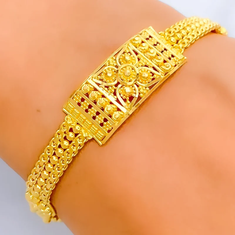 Women’s chunky bracelets-Shiny Beaded Floral Plate 22k Gold Bracelet