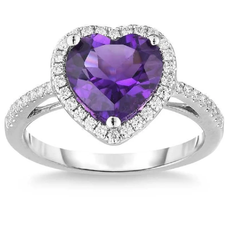 Women’s butterfly rings-8mm Heart Amethyst & Diamond Ring in White Gold