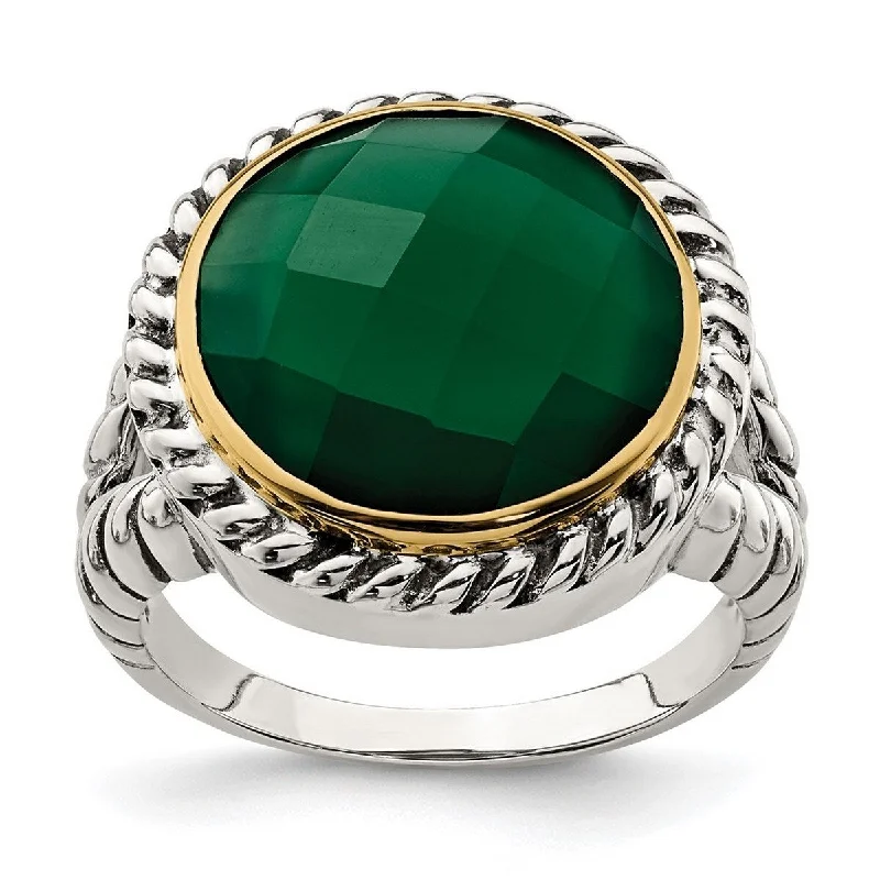 Women’s gold rings-Curata 925 Sterling Silver With 14k Round Green Simulated Onyx Ring