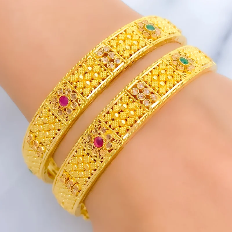 Women’s adjustable bangles-Delicate Floral 22k Gold Bangles