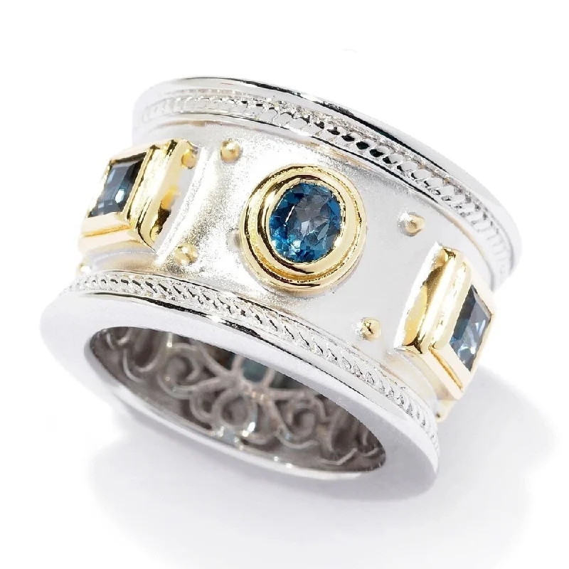 Women’s classic wedding rings-Sterling Silver Two-tone London Blue Topaz Etruscan Wide Band Ring