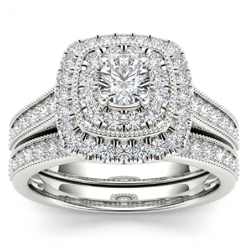 Women’s floral rings-De Couer 14k White Gold 3/4ct TDW Diamond Double Halo Bridal Ring Set