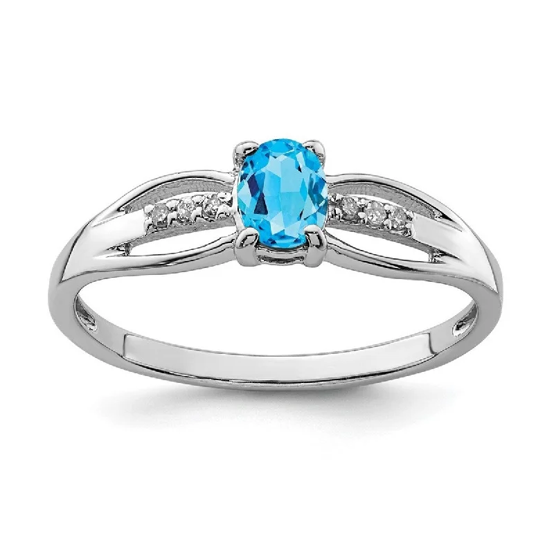 Women’s round cut rings-Curata 925 Sterling Silver Rhod Plated Diamond Light Swiss Blue Topaz Ring