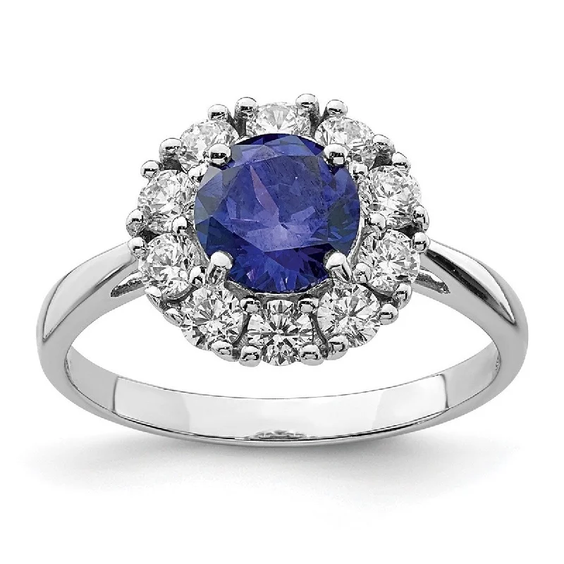 Women’s ruby rings-Curata 925 Sterling Silver Rhodium Plated Blue and White CZ Cubic Zirconia Halo Ring