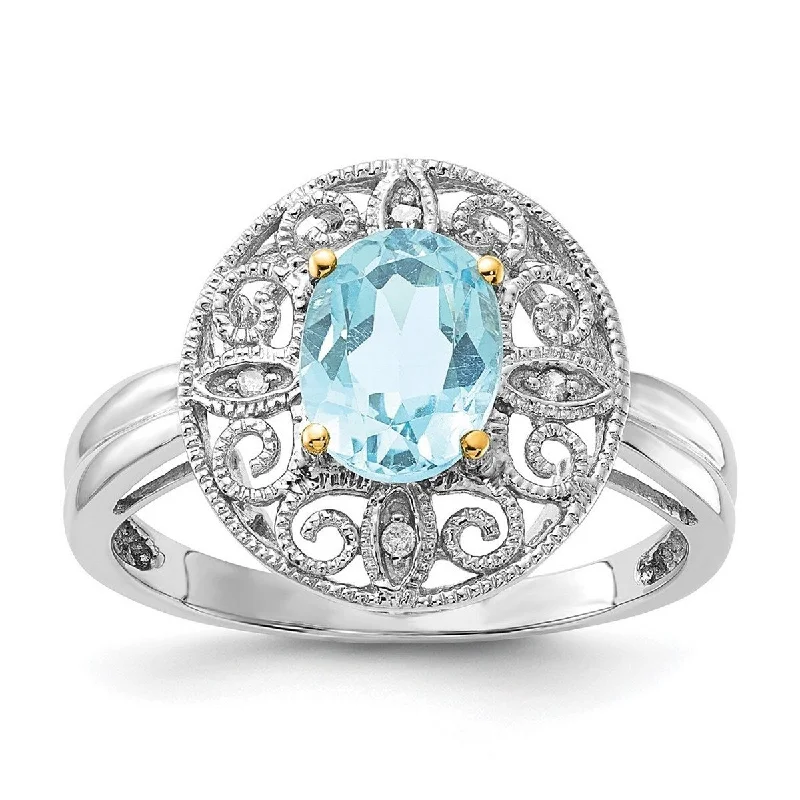 Women’s luxury gemstone rings-Curata 925 Sterling Silver and 14K Sky Blue and Diamond Ring Measures 2x8mm