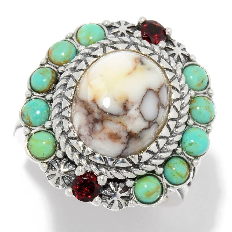 Women’s wedding sets with rings-925 Sterling Silver Red Garnet, Wild Horse,Tyrone Turquoise Ring