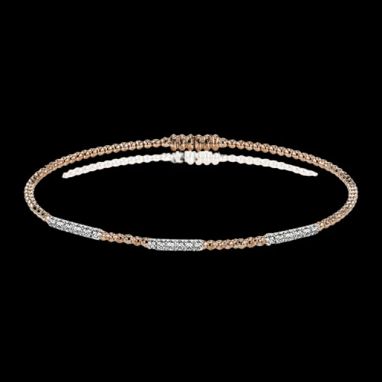 Women’s colorful bangles-18K rose gold beaded stackable bangle with 3 stations of diamonds 0.23 ctw. set in white gold, and a magnetic closure