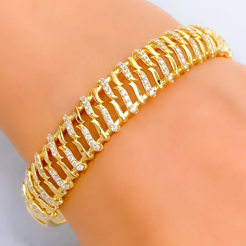 Women’s silver bracelets-Shiny Alternating Striped Diamond + 18k Gold Bangle Bracelet