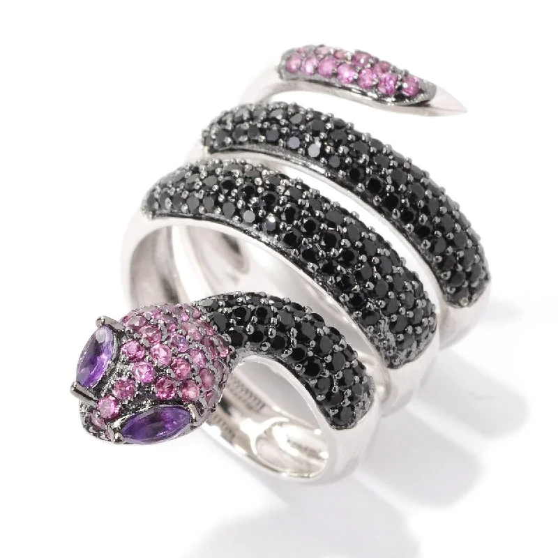 Women’s colorful gemstone rings-Sterling Silver 2.41Ctw Black Spinel and Multi Gem Snake Wrap Ring