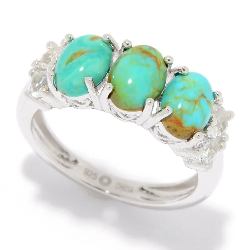 Women’s midi rings-925 Sterling Silver Tyrone Turquoise and White Topaz 3-Stone Ring