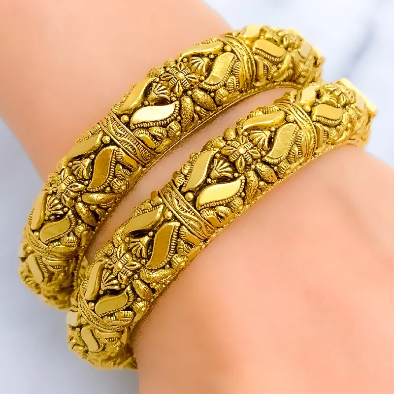 Women’s engraved bangles-Leaf Adorned Oxidized 22k Gold Bangles