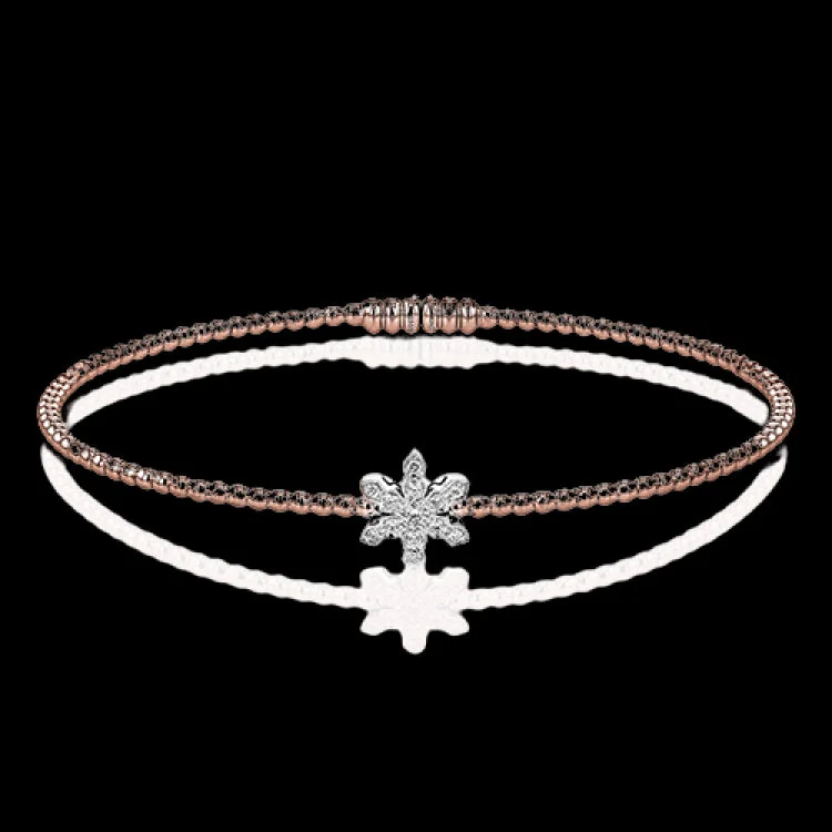 Women’s rose gold bracelets-18K RG beaded bangle with diamond snowflake station 0.11 ctw, and magnetic closure