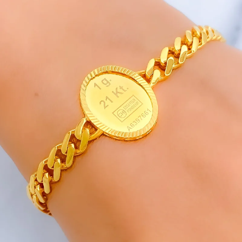 Women’s silver bracelets-Striped Oval 21k Gold Coin Bracelet