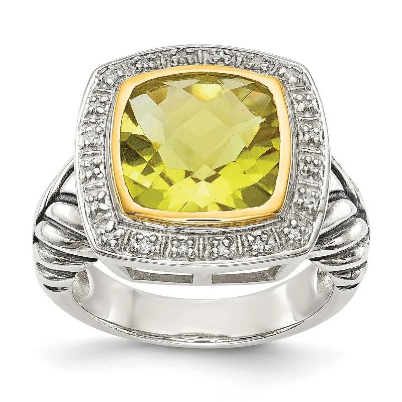 Women’s cubic zirconia rings-Curata 925 Sterling Silver Polished Open back 14k Diamond Lemon Quartz Ring