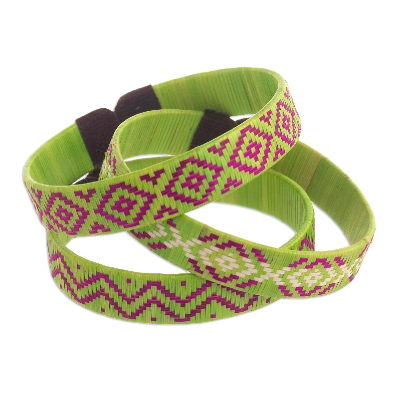 Women’s trendy bangles-Novica Handmade Green Colombian Geometry Natural Fiber Cuff Bracelets (Set Of 3)