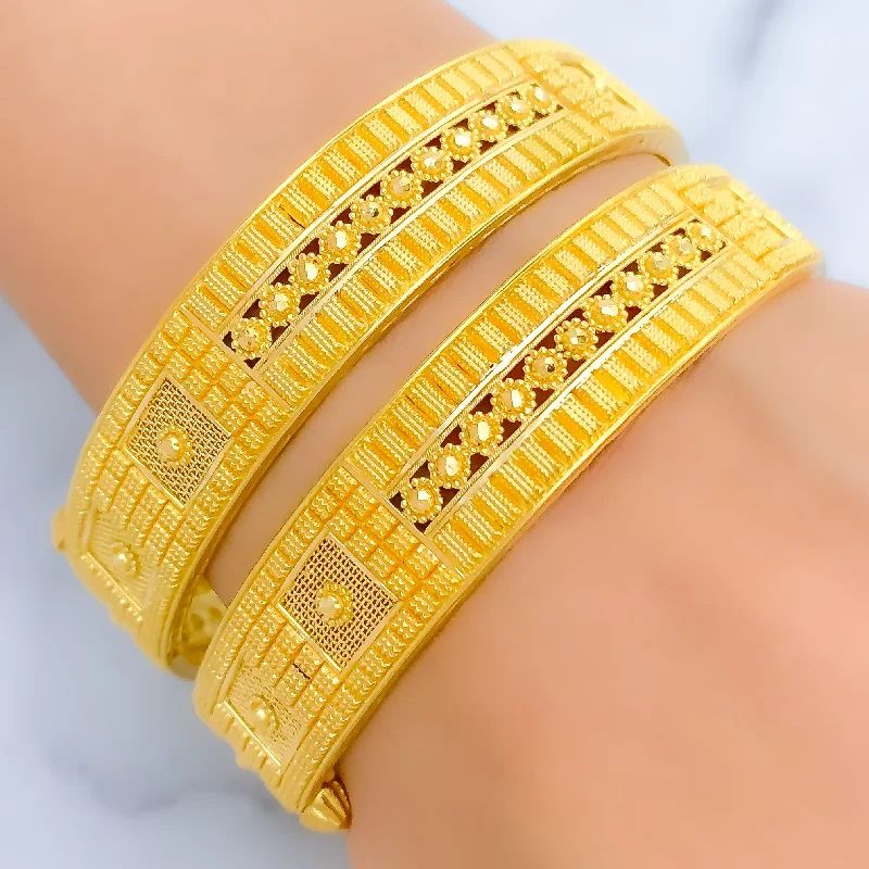 Women’s rhinestone bangles-Upscale Floral Geometric 22k Gold Bangle Pair